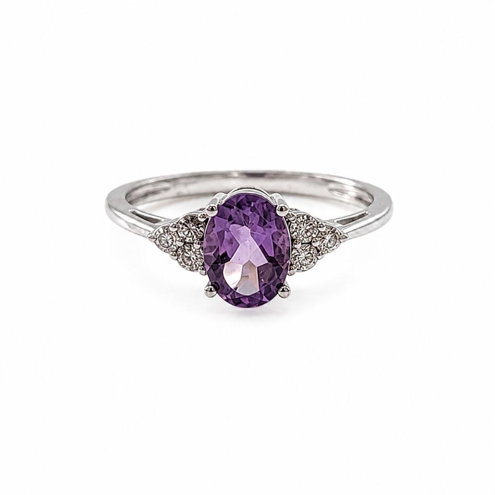 Vintage 925 Sterling Silver Amethyst & Diamond Ring Size 6.75